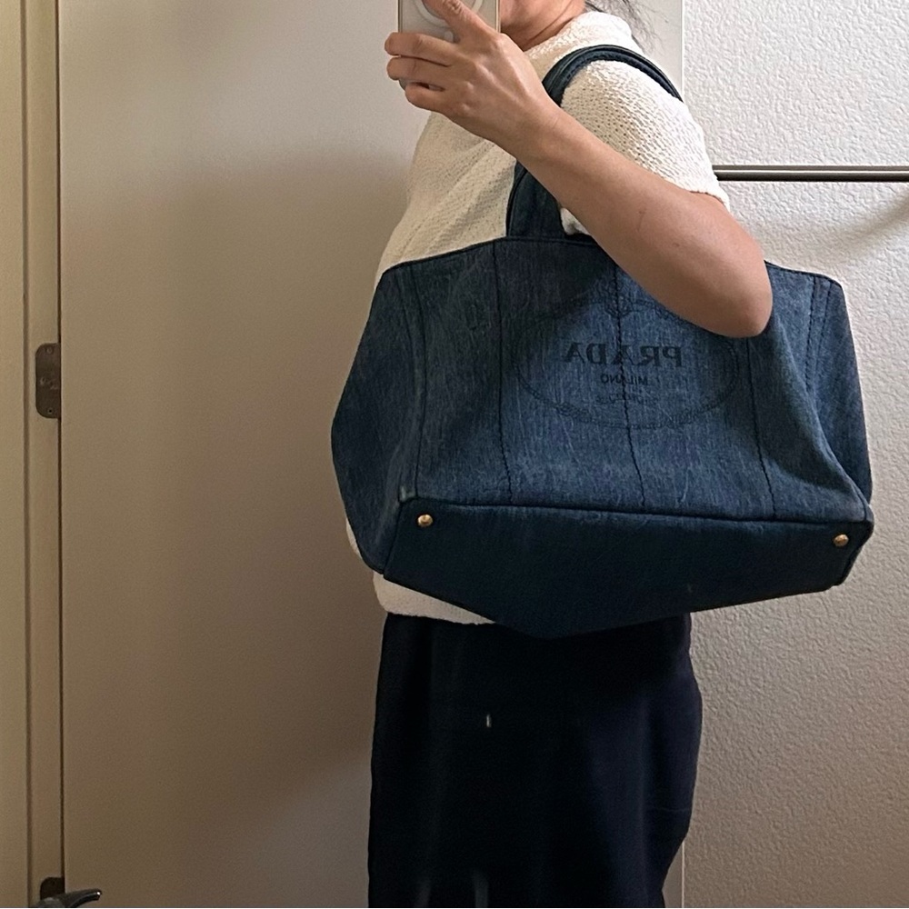Auth large PRADA Canapa Blue Denim Tote Bag gold hardware rolled handle - Picture 14 of 14
